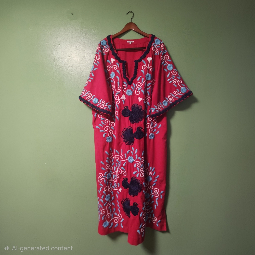 Frances Valentine Embroidered Peacock Caftan Red & Blues Maxi Dress - Picture 2 of 16